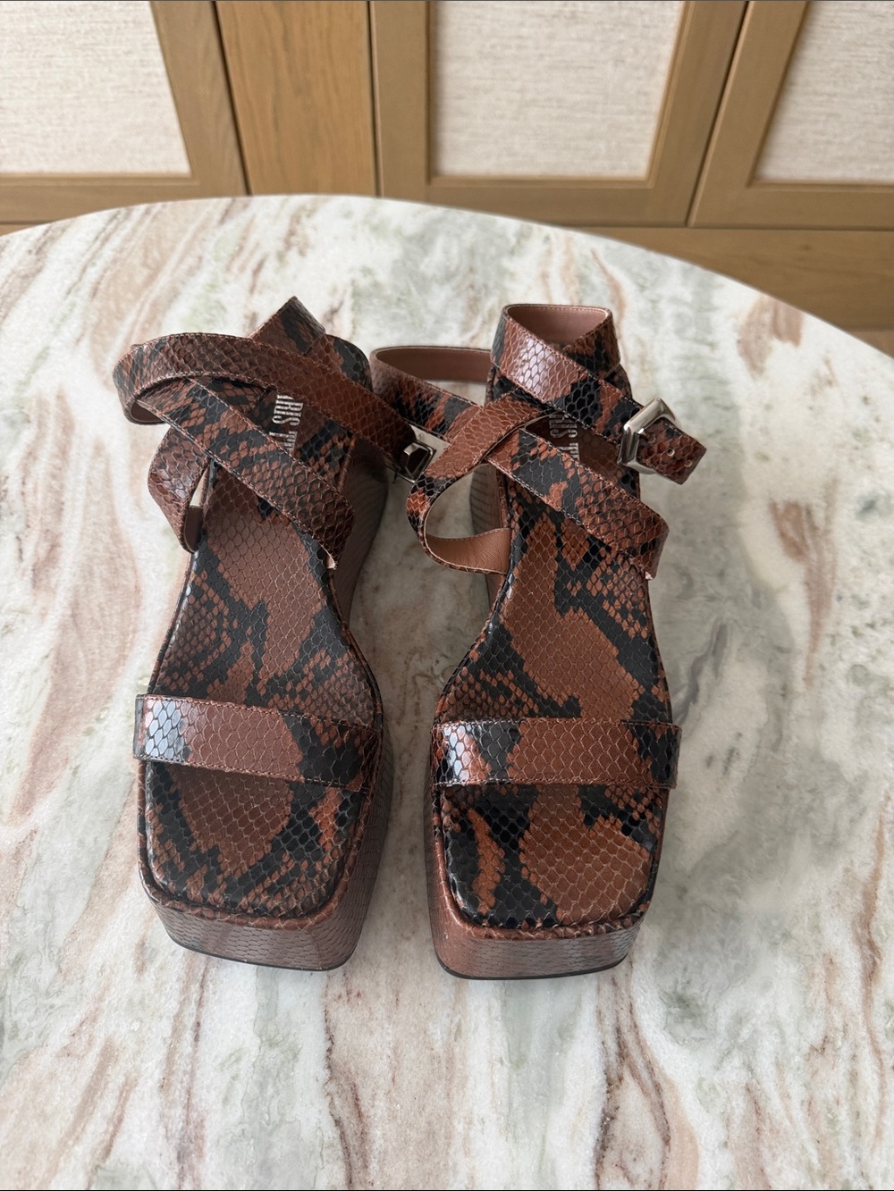 Paris Texas Brown Snake-Print Platform Sandals with Ankle Strap